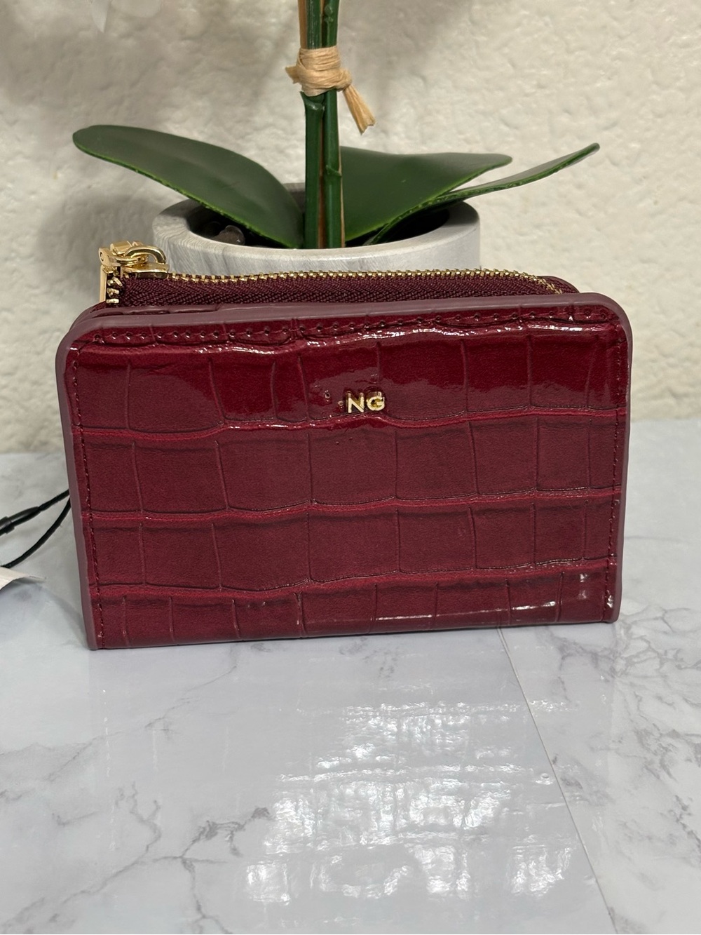 MANGO Burgundy Croc-Effect Small Credit Card/Coin Zipper Wallet